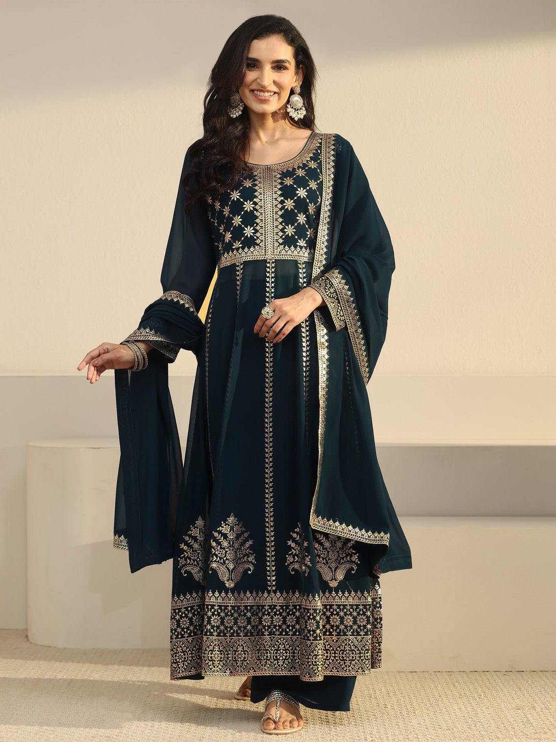 Mameraa Art Teal Blue Floral Embroidered Georgette Anarkali Suit Set