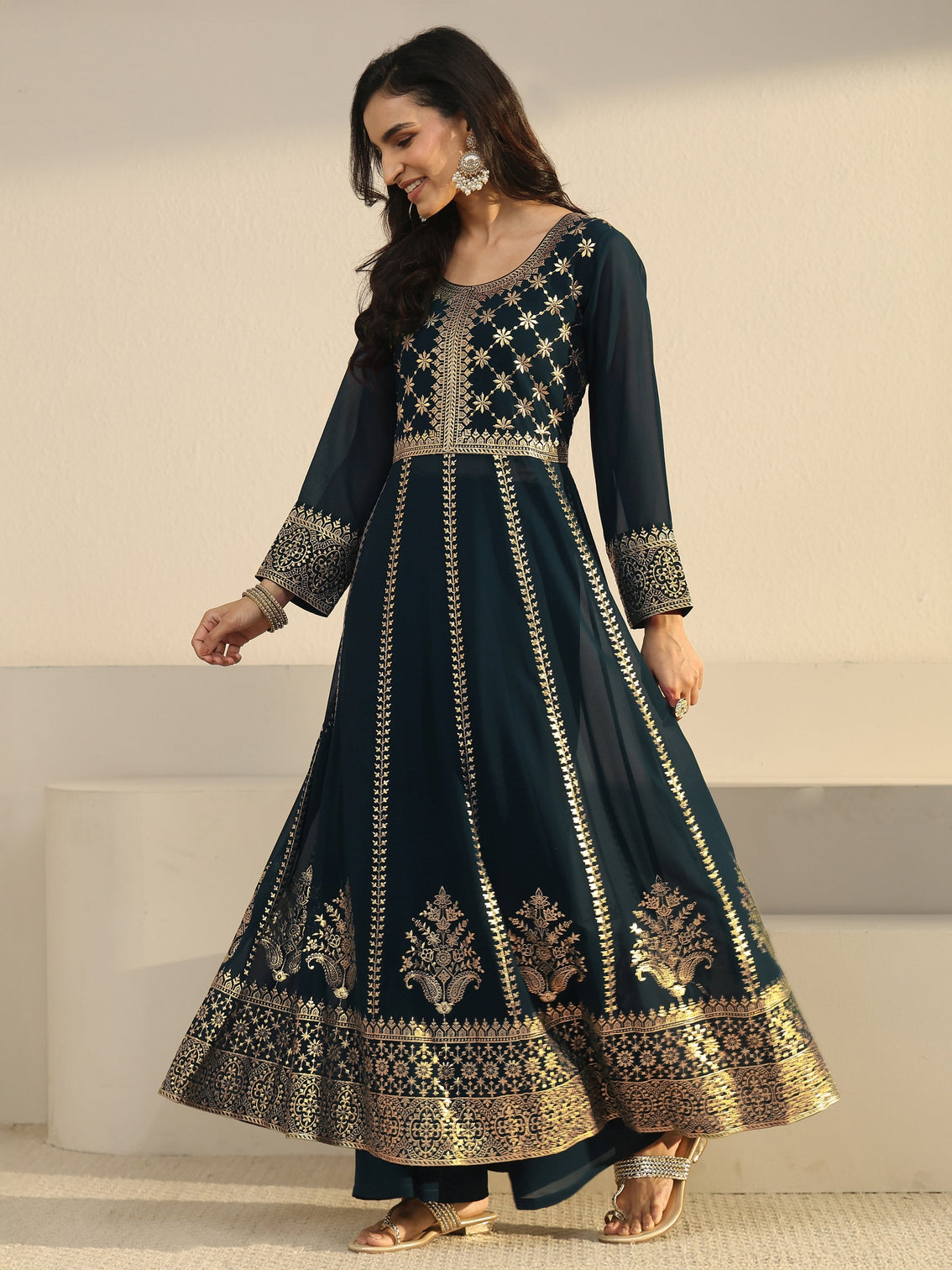 Mameraa Art Teal Blue Floral Embroidered Georgette Anarkali Suit Set