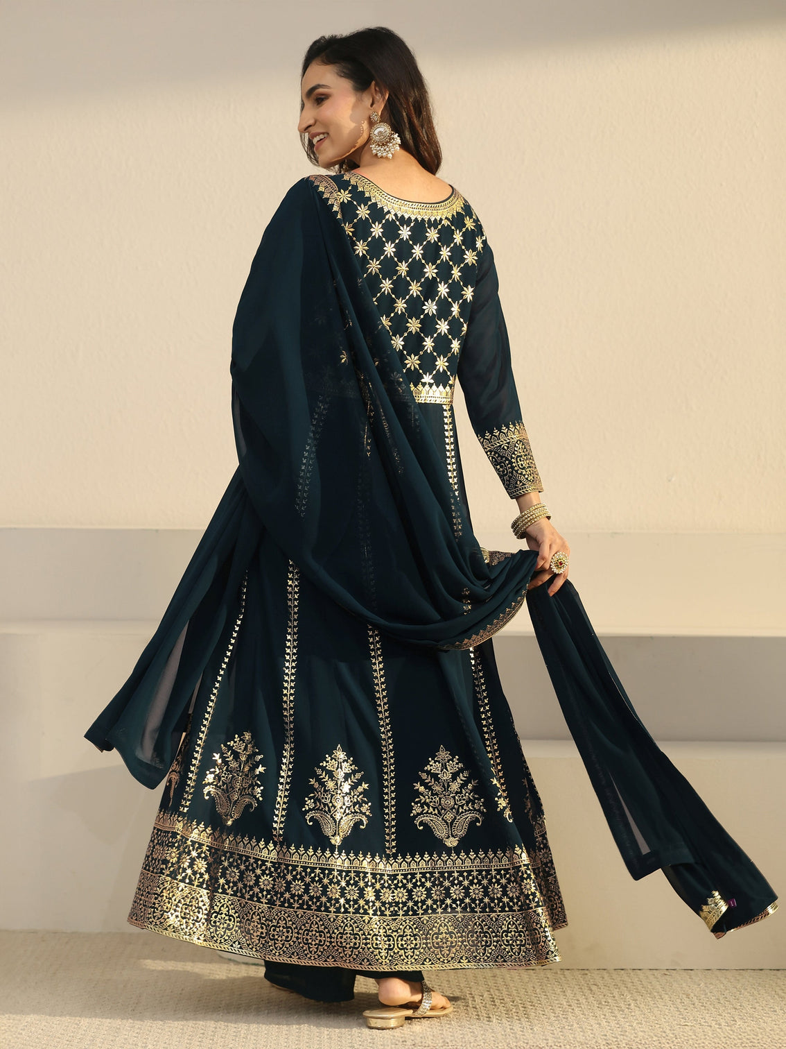 Mameraa Art Teal Blue Floral Embroidered Georgette Anarkali Suit Set