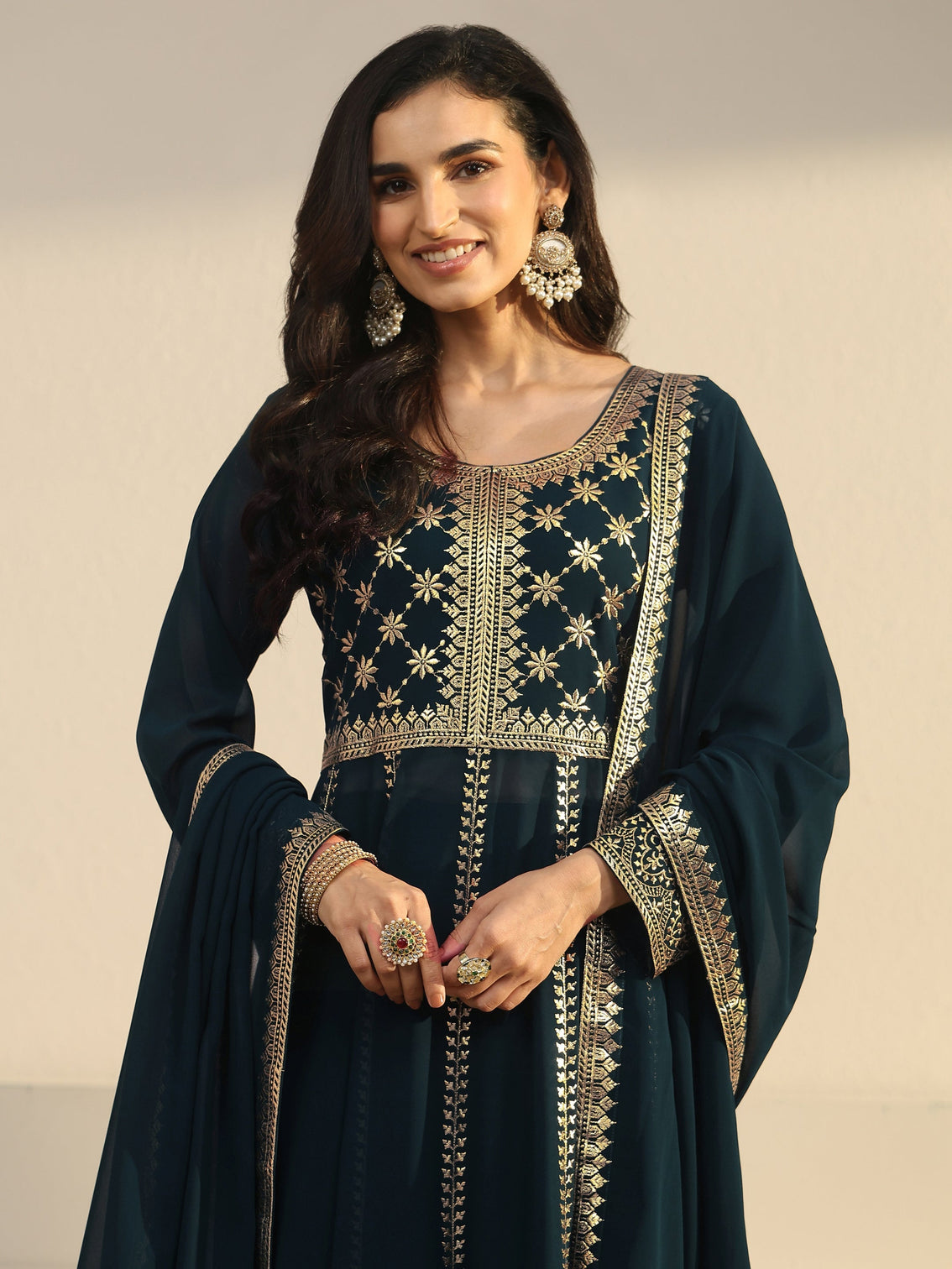 Mameraa Art Teal Blue Floral Embroidered Georgette Anarkali Suit Set
