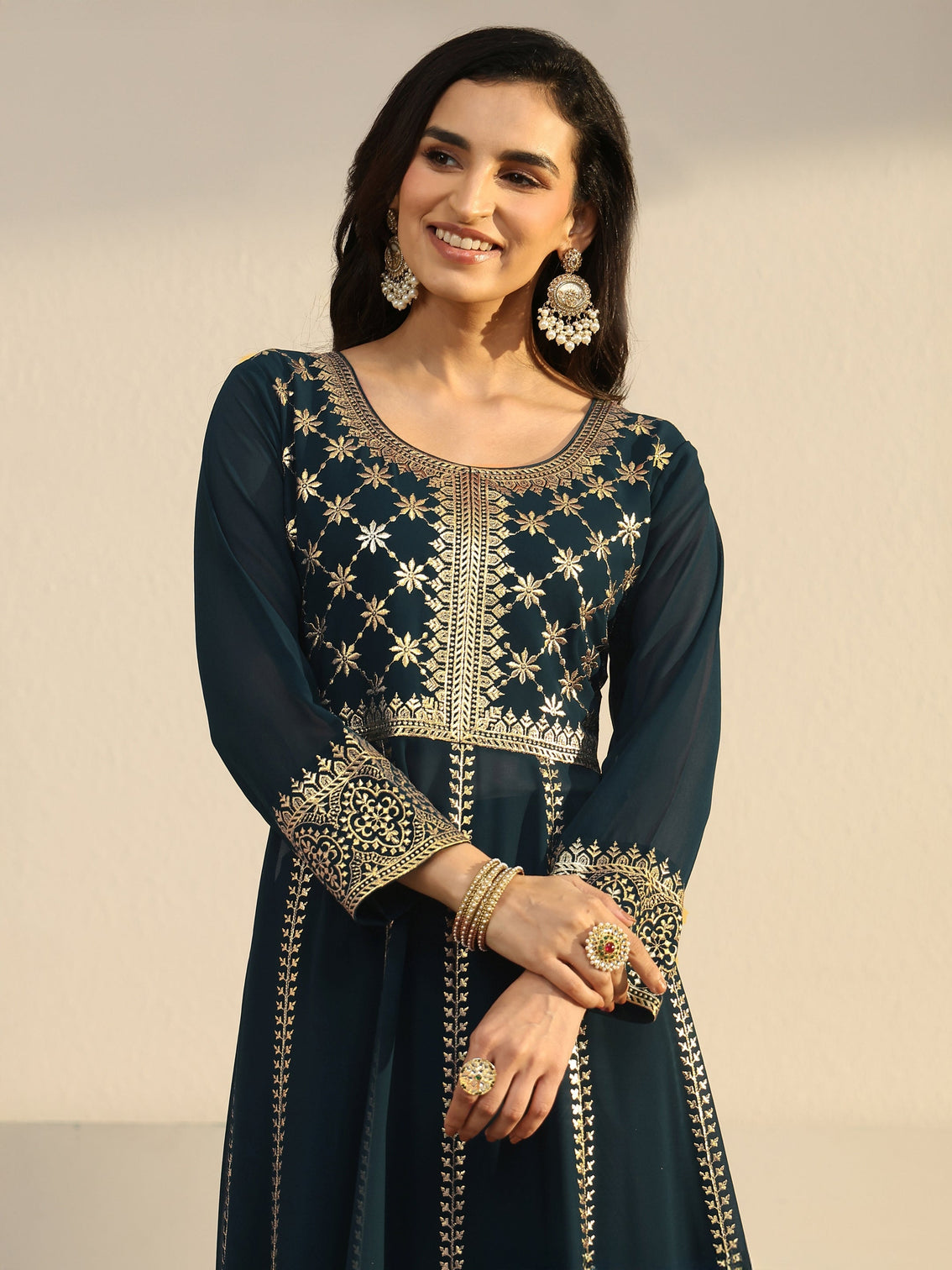 Mameraa Art Teal Blue Floral Embroidered Georgette Anarkali Suit Set