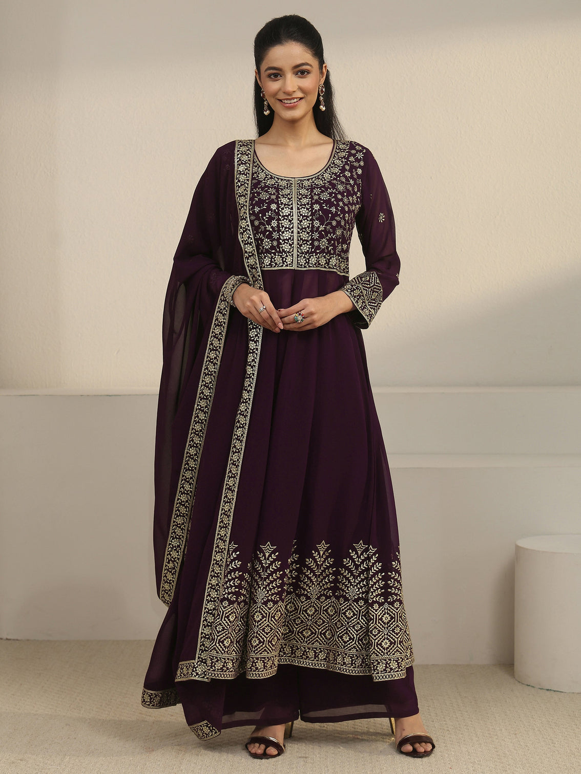 Mameraa Art Burgundy Floral Embroidered Georgette Anarkali Suit Set