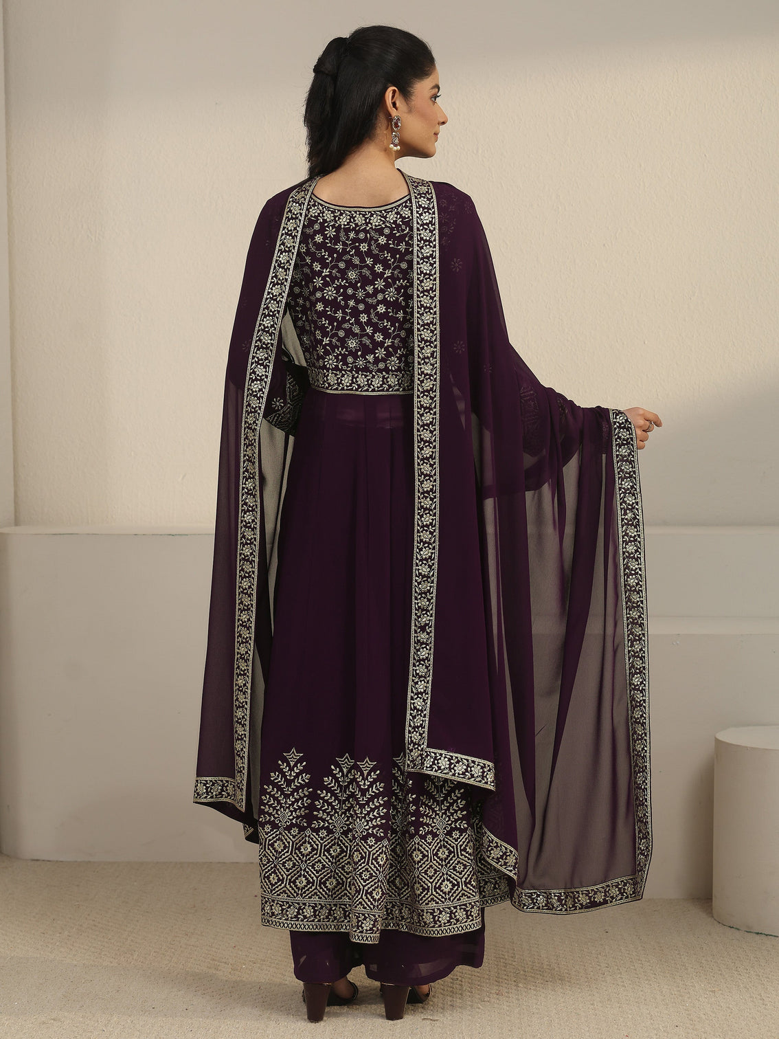 Mameraa Art Burgundy Floral Embroidered Georgette Anarkali Suit Set