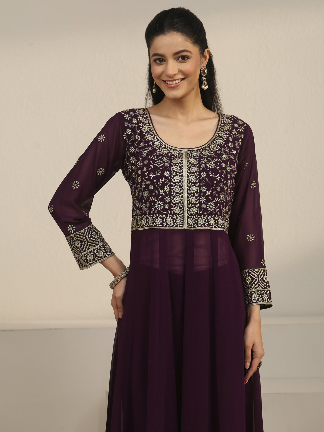 Mameraa Art Burgundy Floral Embroidered Georgette Anarkali Suit Set