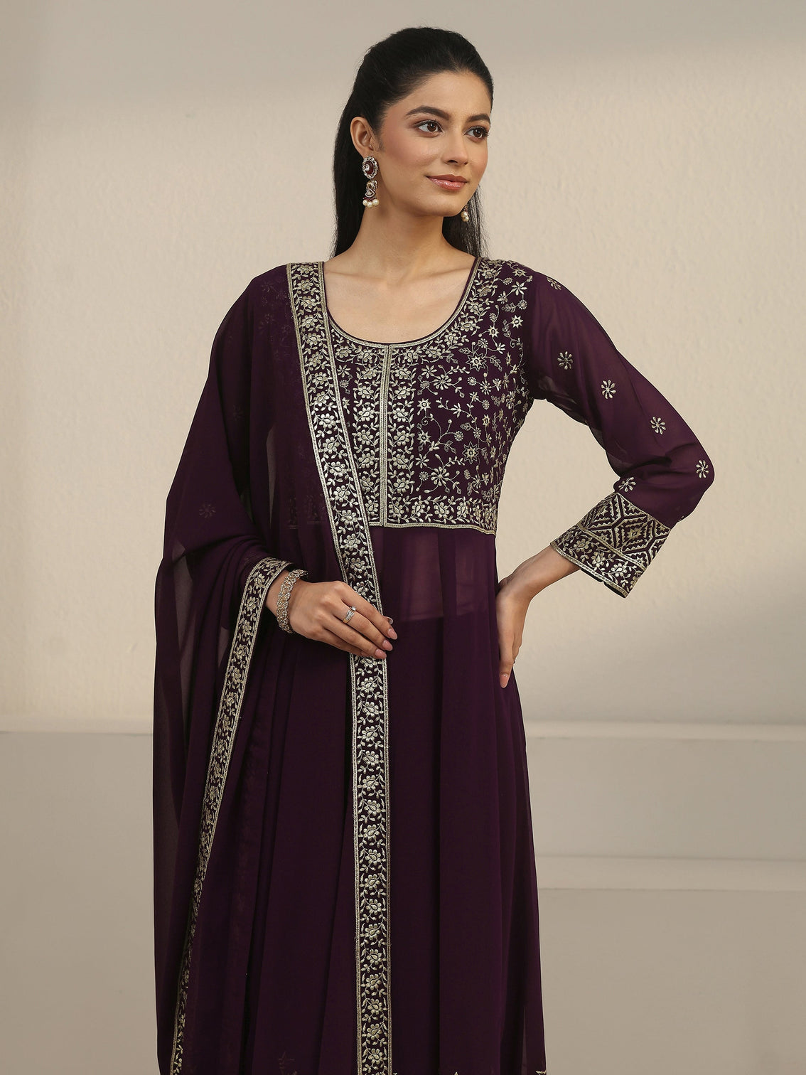 Mameraa Art Burgundy Floral Embroidered Georgette Anarkali Suit Set