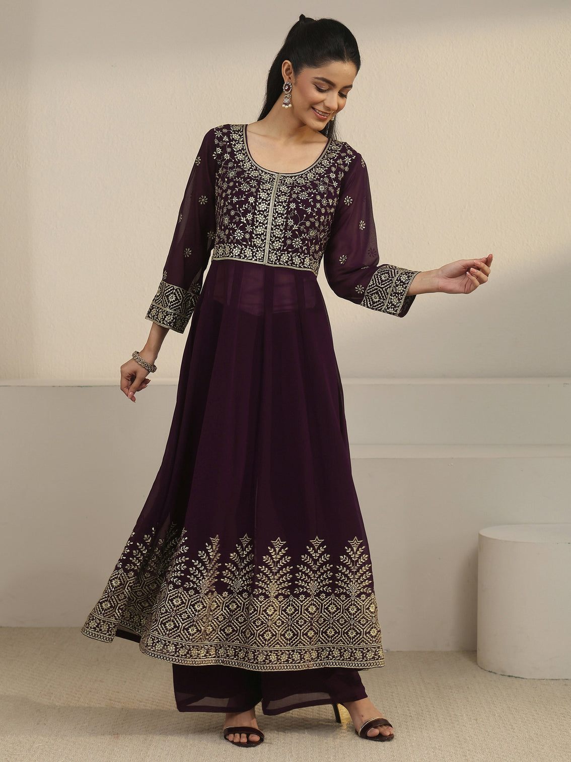 Mameraa Art Burgundy Floral Embroidered Georgette Anarkali Suit Set