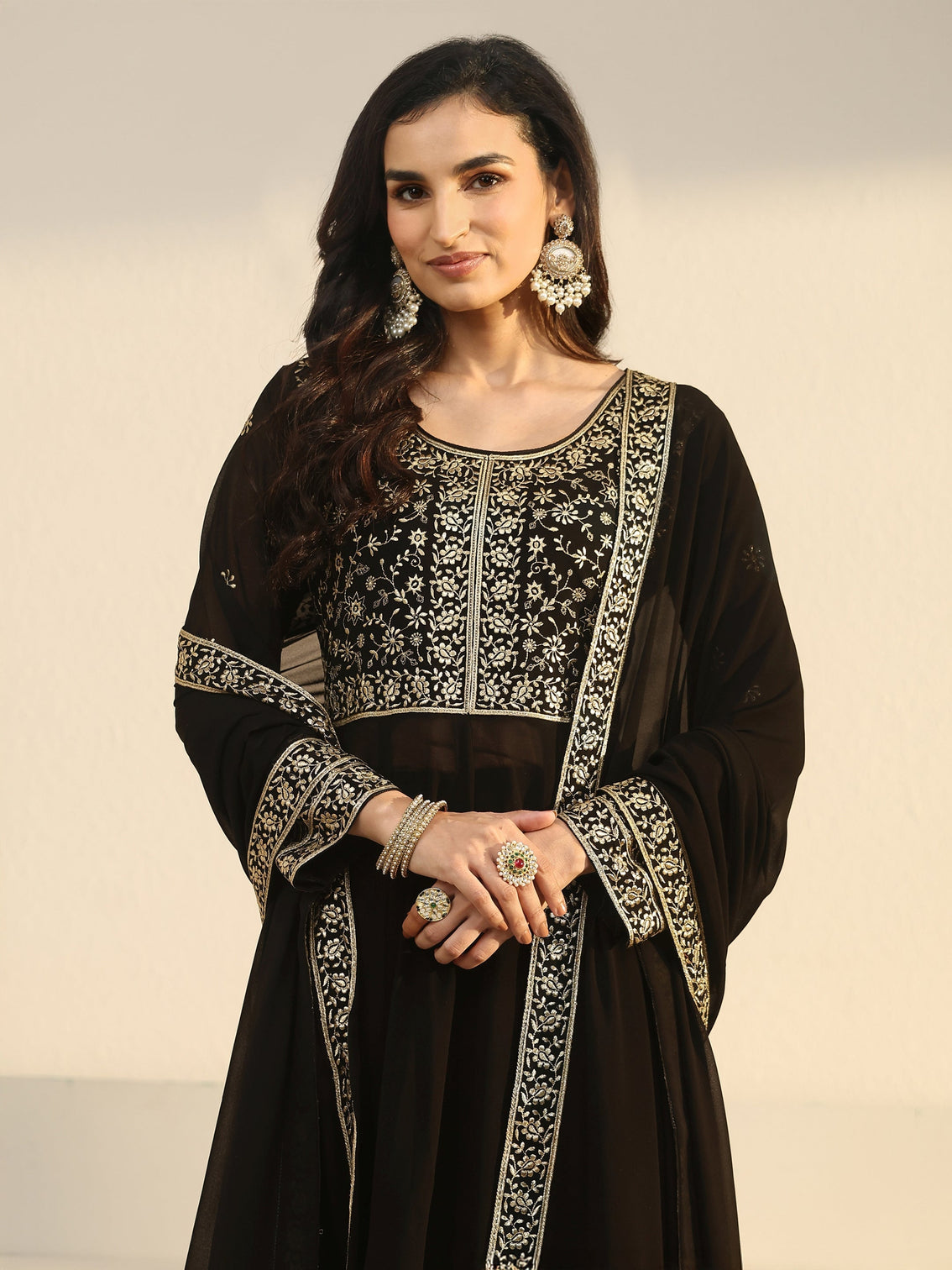 Mameraa Art Black Floral Embroidered Georgette Anarkali Suit Set