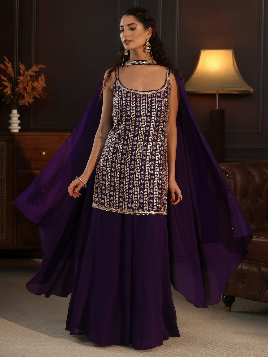 Mameraa Art Purple Strappy Embellished Chinon Palazzo Suit Set