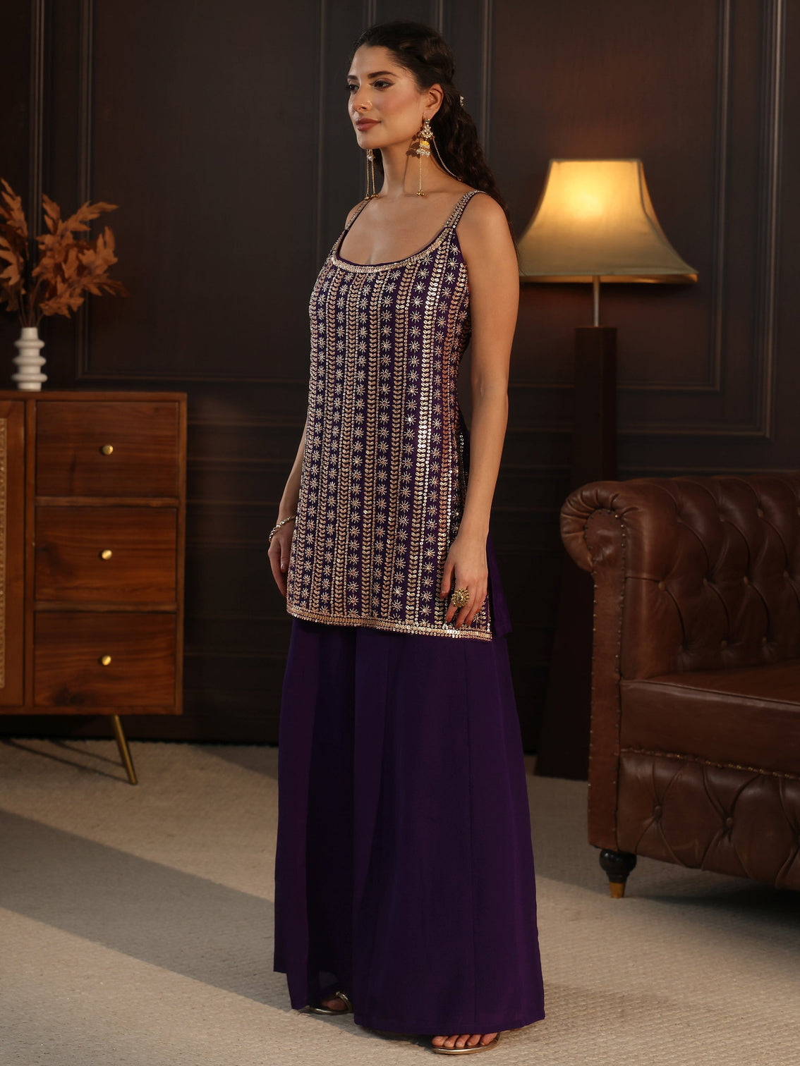 Mameraa Art Purple Strappy Embellished Chinon Palazzo Suit Set