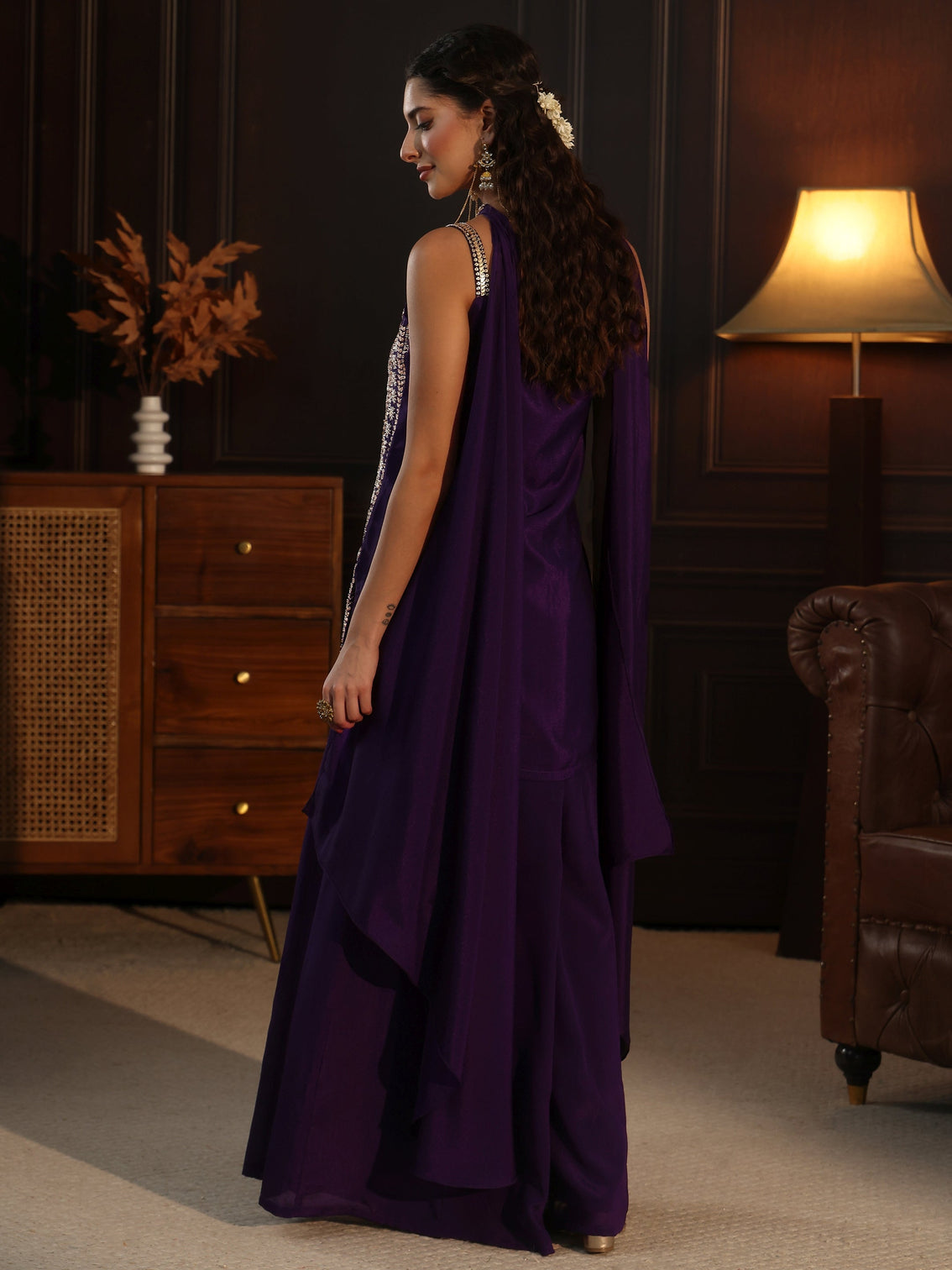 Mameraa Art Purple Strappy Embellished Chinon Palazzo Suit Set
