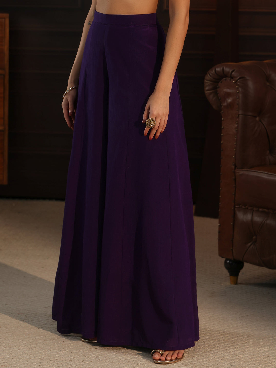 Mameraa Art Purple Strappy Embellished Chinon Palazzo Suit Set