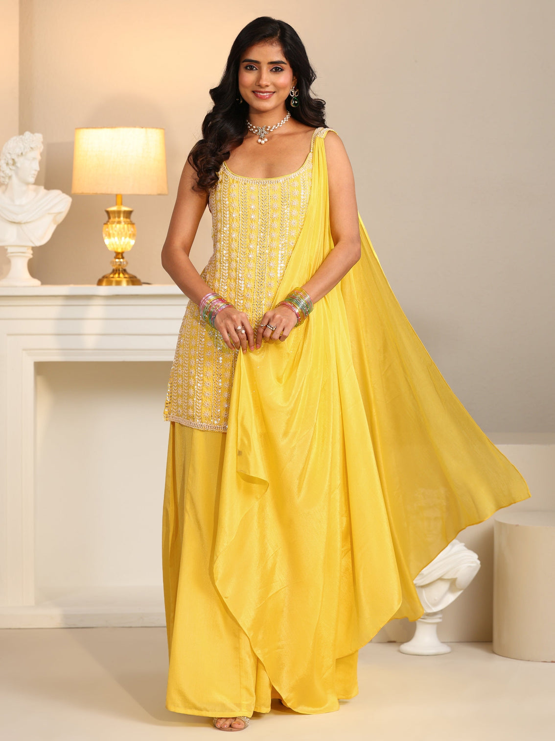 Mameraa Art Yellow Embellished Strappy Chinon Palazzo Suit Set