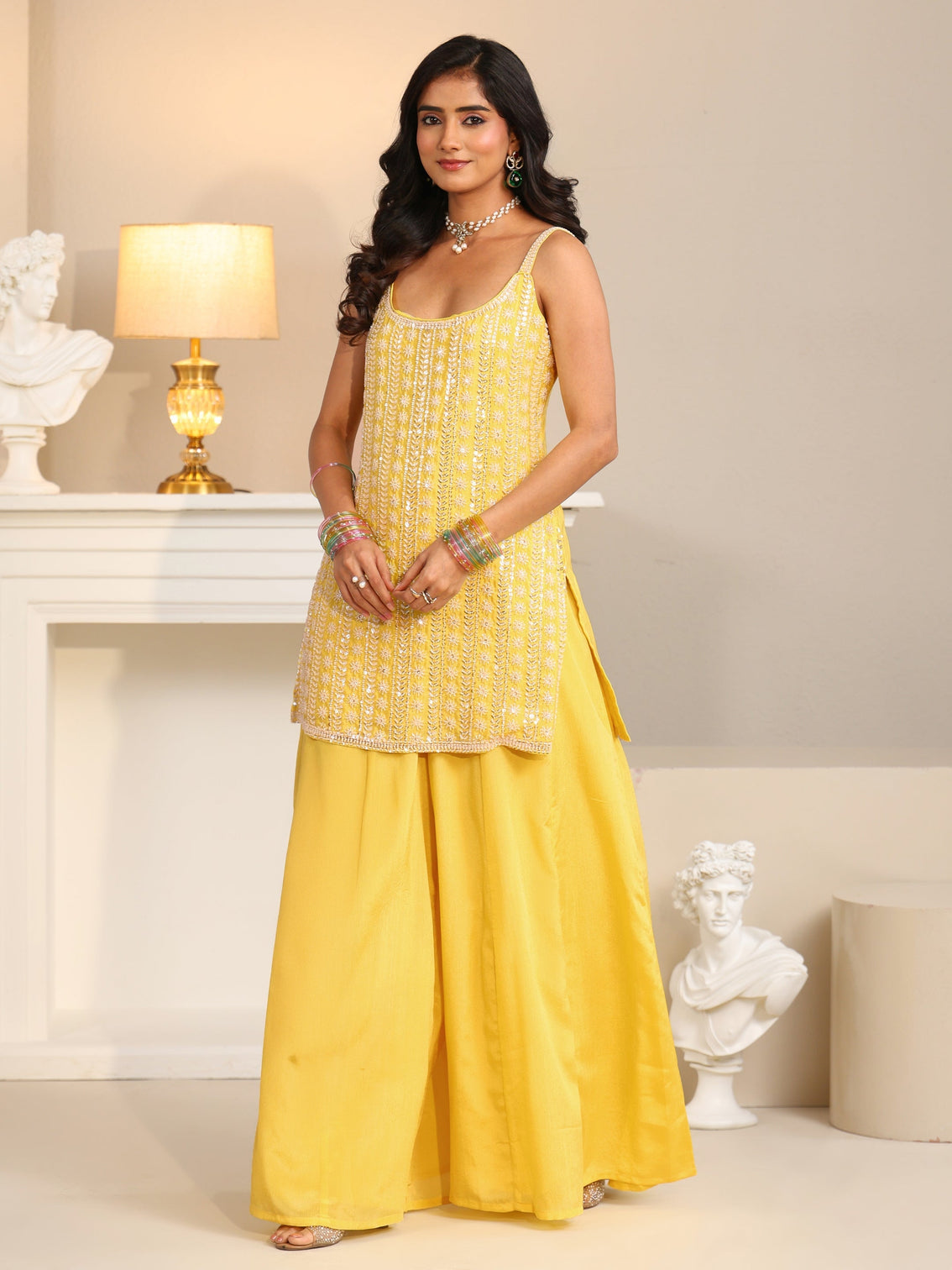 Mameraa Art Yellow Embellished Strappy Chinon Palazzo Suit Set