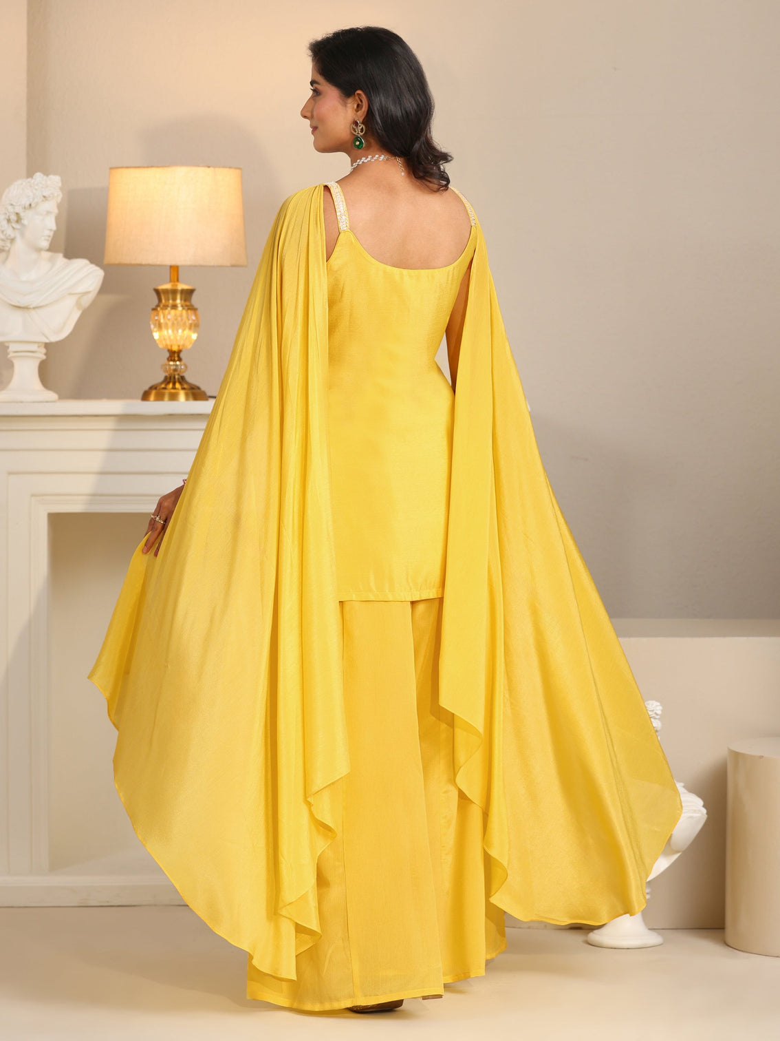 Mameraa Art Yellow Embellished Strappy Chinon Palazzo Suit Set