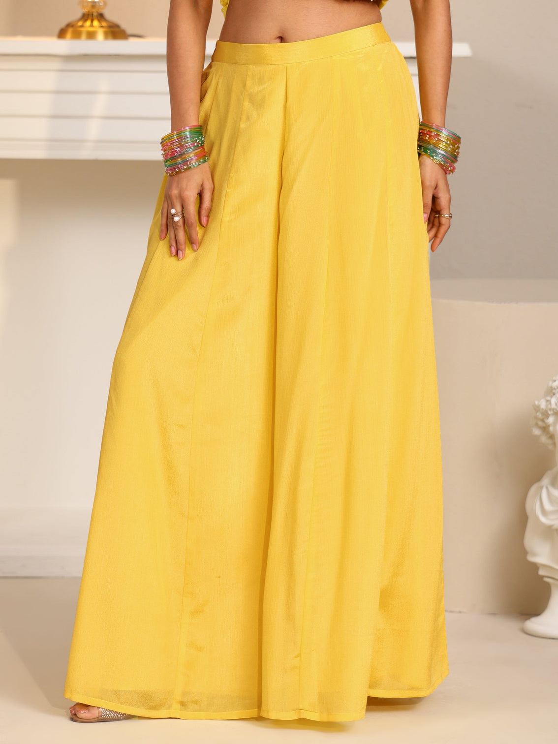 Mameraa Art Yellow Embellished Strappy Chinon Palazzo Suit Set