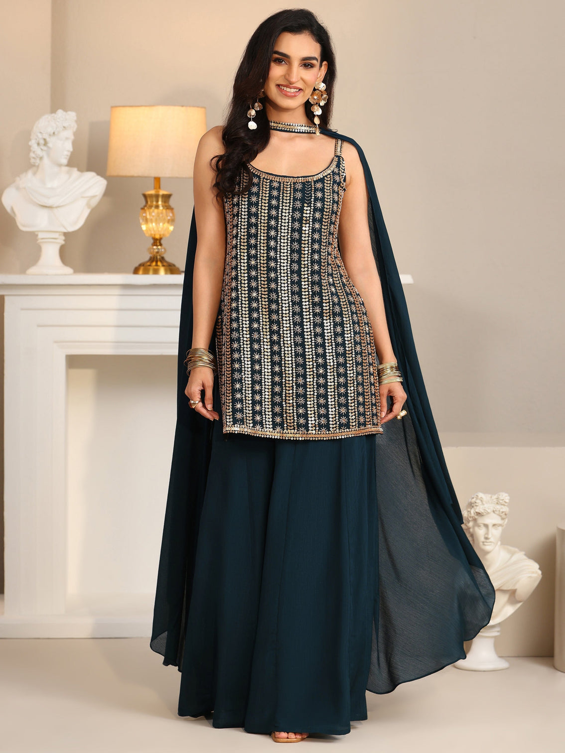 Mameraa Art Navy Blue Embellished Strappy Chinon Palazzo Suit Set