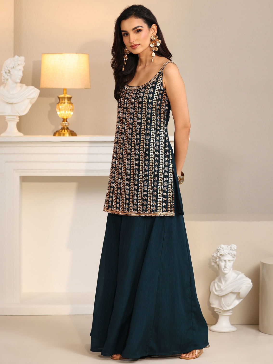Mameraa Art Navy Blue Embellished Strappy Chinon Palazzo Suit Set