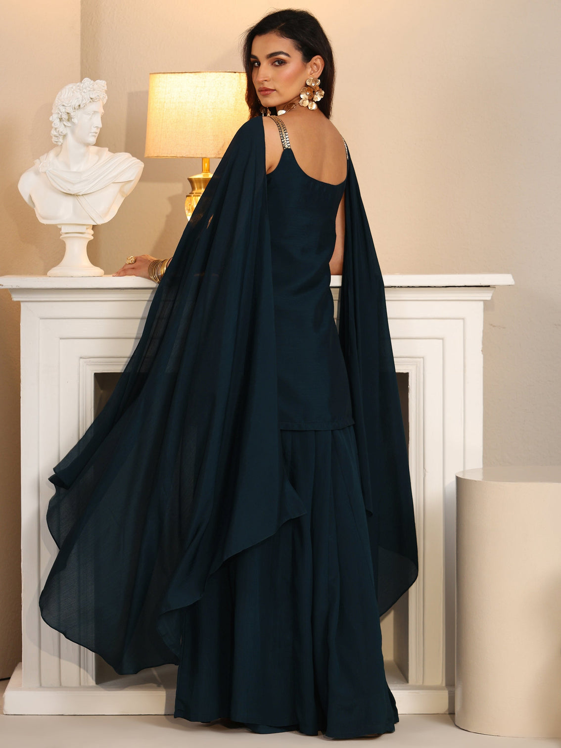 Mameraa Art Navy Blue Embellished Strappy Chinon Palazzo Suit Set