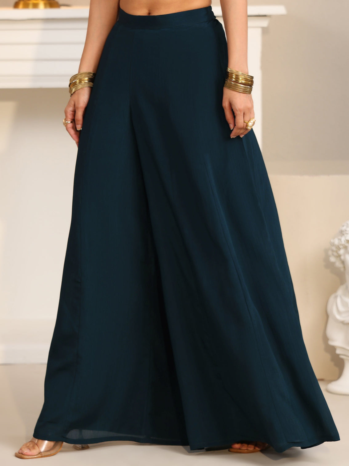 Mameraa Art Navy Blue Embellished Strappy Chinon Palazzo Suit Set