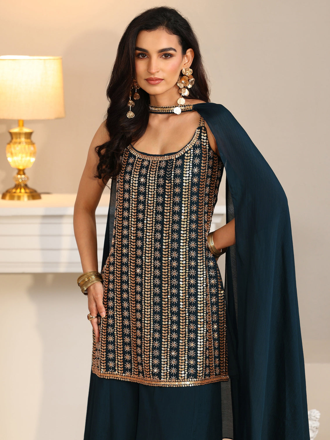Mameraa Art Navy Blue Embellished Strappy Chinon Palazzo Suit Set