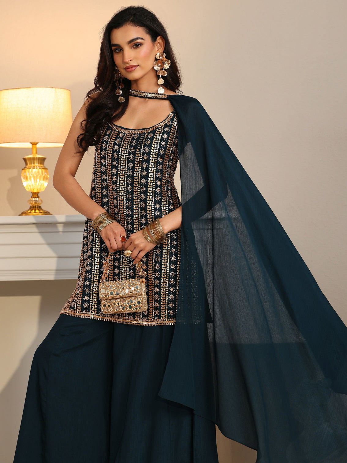 Mameraa Art Navy Blue Embellished Strappy Chinon Palazzo Suit Set