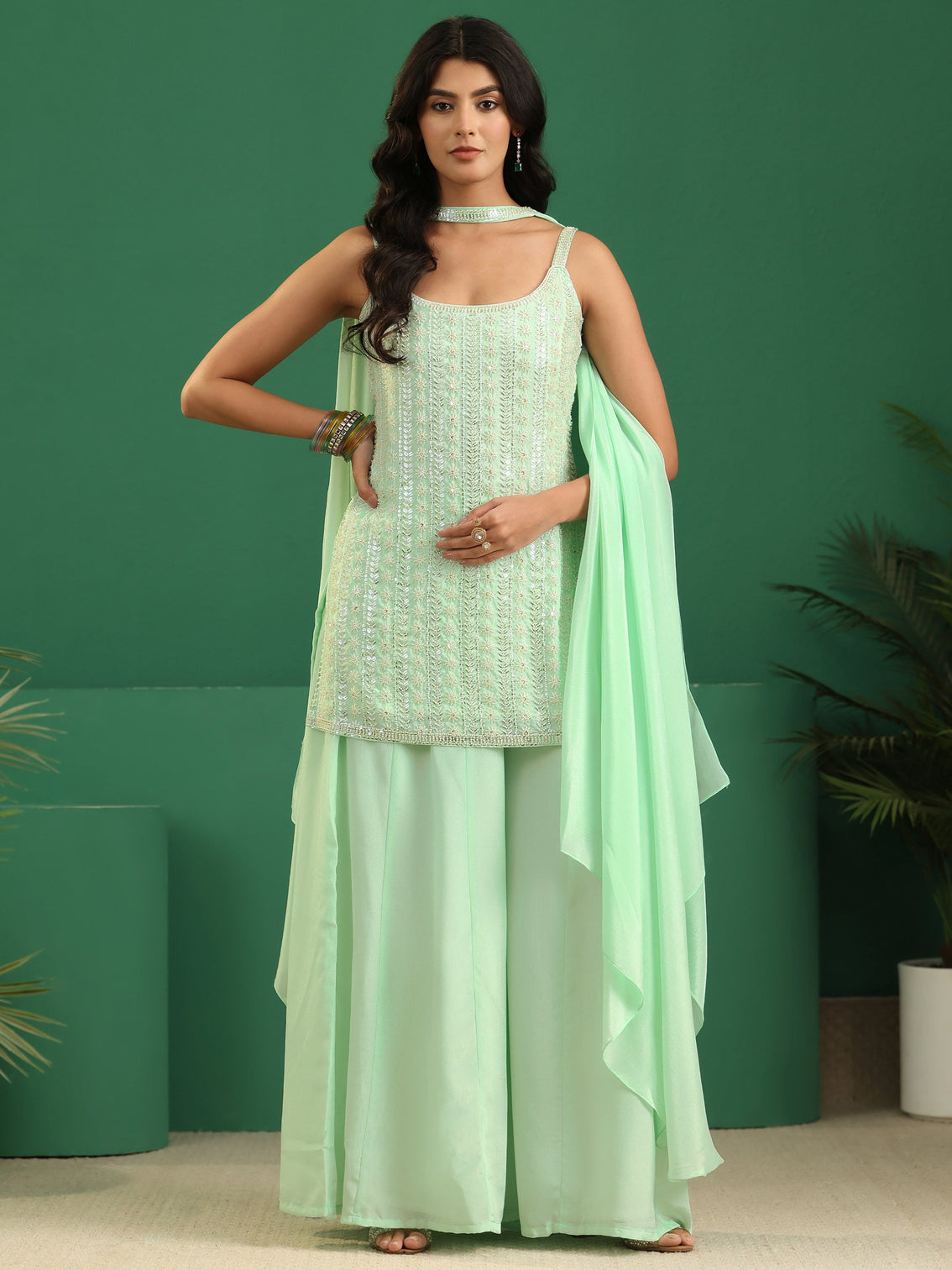 Mameraa Art Mint Green Sequin Embellished Strappy Chinon Palazzo Suit Set