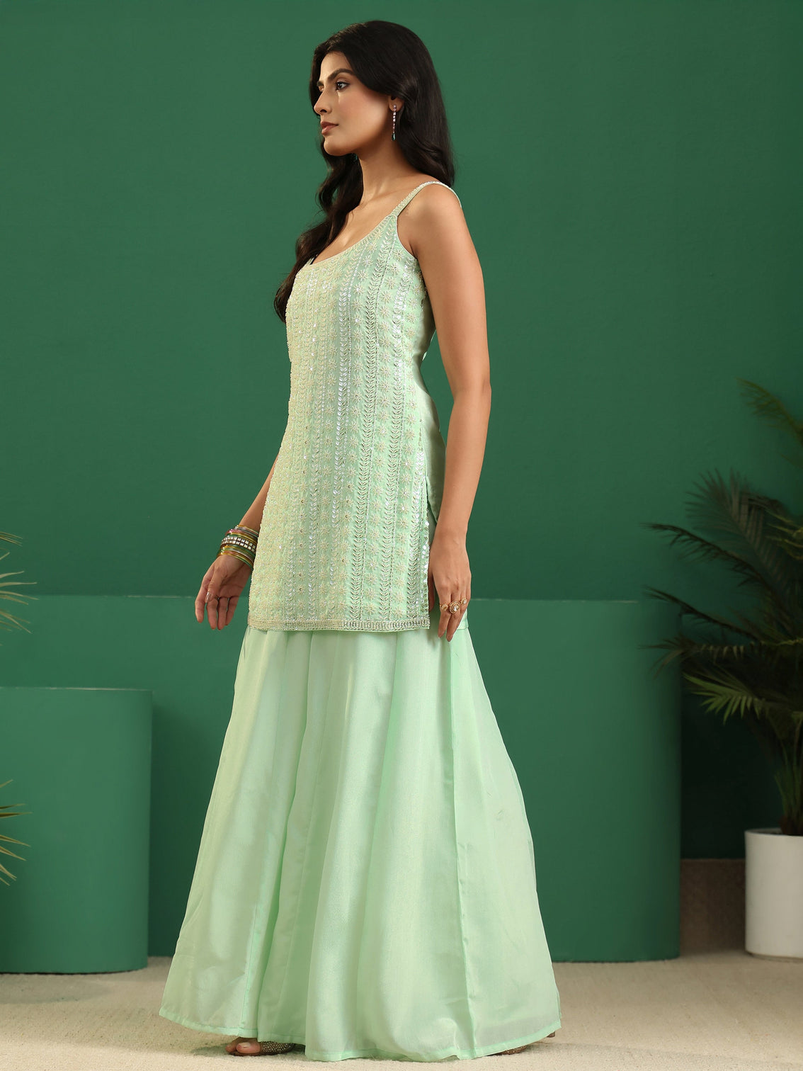 Mameraa Art Mint Green Sequin Embellished Strappy Chinon Palazzo Suit Set