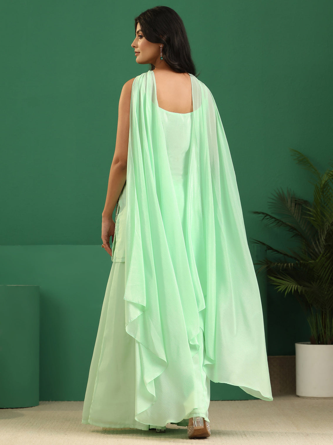 Mameraa Art Mint Green Sequin Embellished Strappy Chinon Palazzo Suit Set