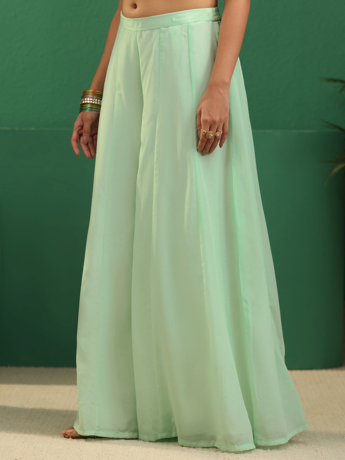 Mameraa Art Mint Green Sequin Embellished Strappy Chinon Palazzo Suit Set