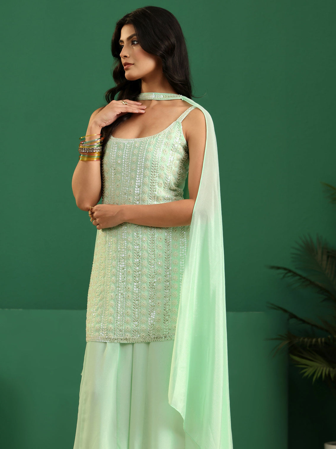 Mameraa Art Mint Green Sequin Embellished Strappy Chinon Palazzo Suit Set