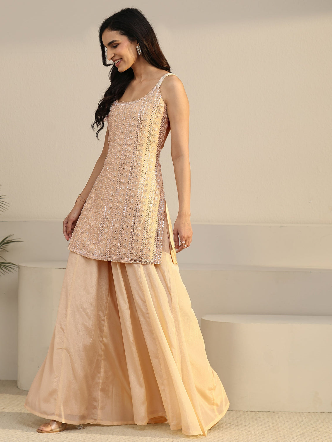 Mameraa Art Beige Strappy Embellished Chinon Palazzo Suit Set
