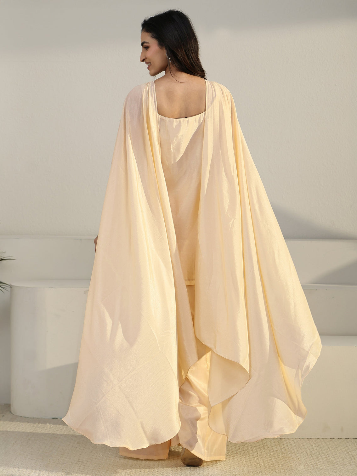 Mameraa Art Beige Strappy Embellished Chinon Palazzo Suit Set
