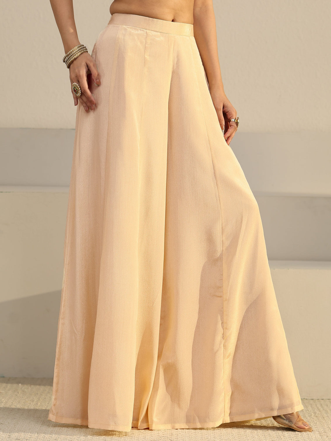 Mameraa Art Beige Strappy Embellished Chinon Palazzo Suit Set