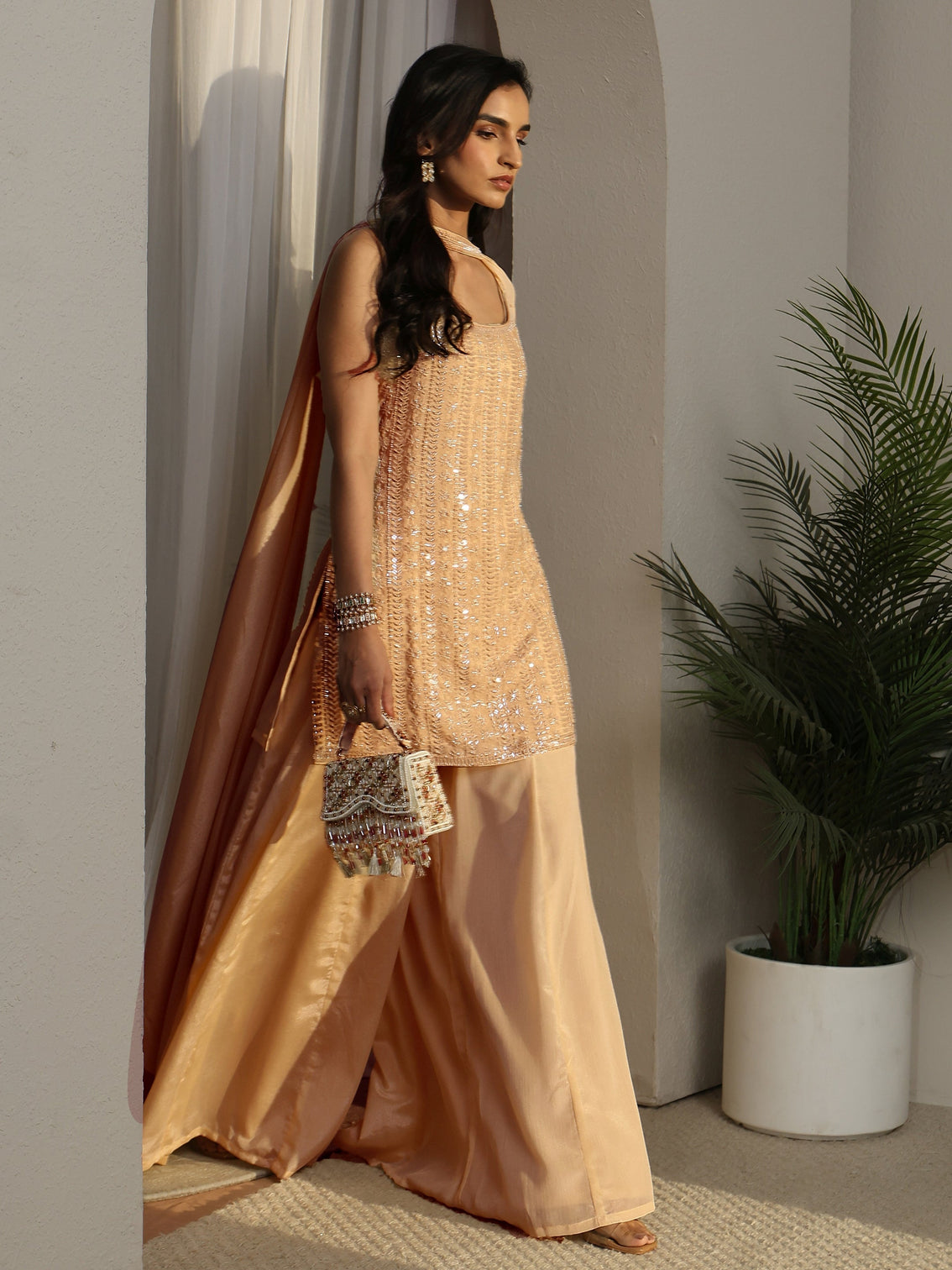 Mameraa Art Beige Strappy Embellished Chinon Palazzo Suit Set