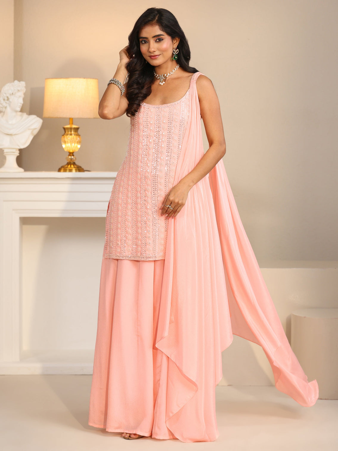 Mameraa Art Baby Pink Embellished Strappy Chinon Palazzo Suit Set