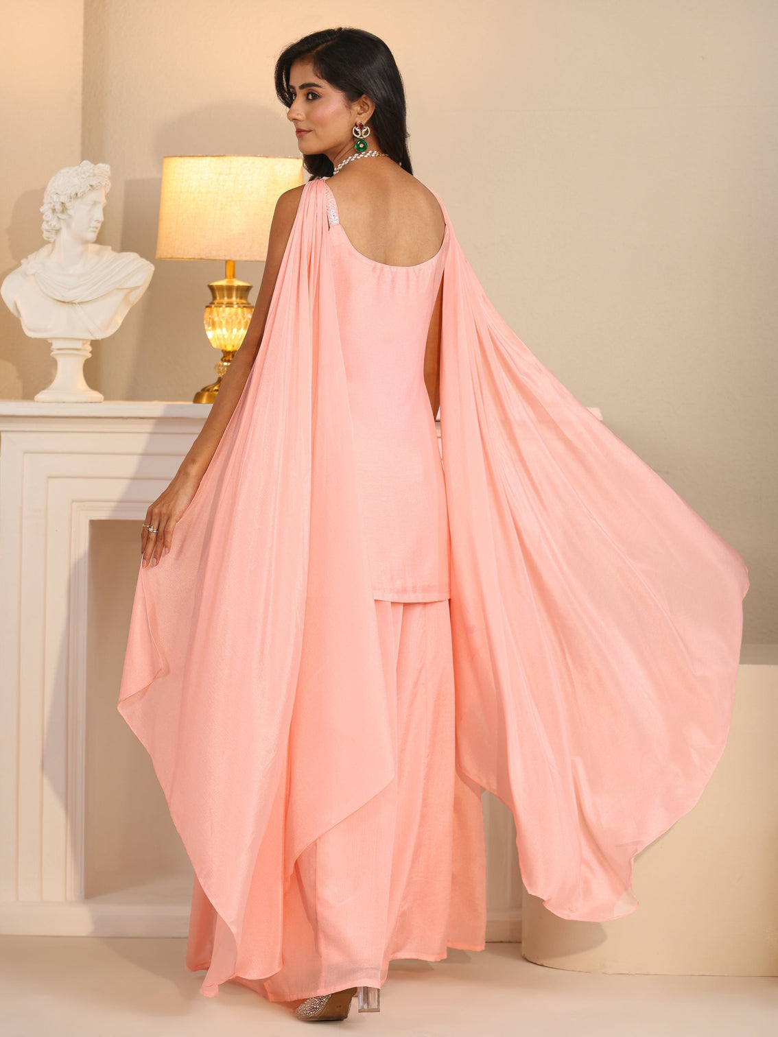 Mameraa Art Baby Pink Embellished Strappy Chinon Palazzo Suit Set