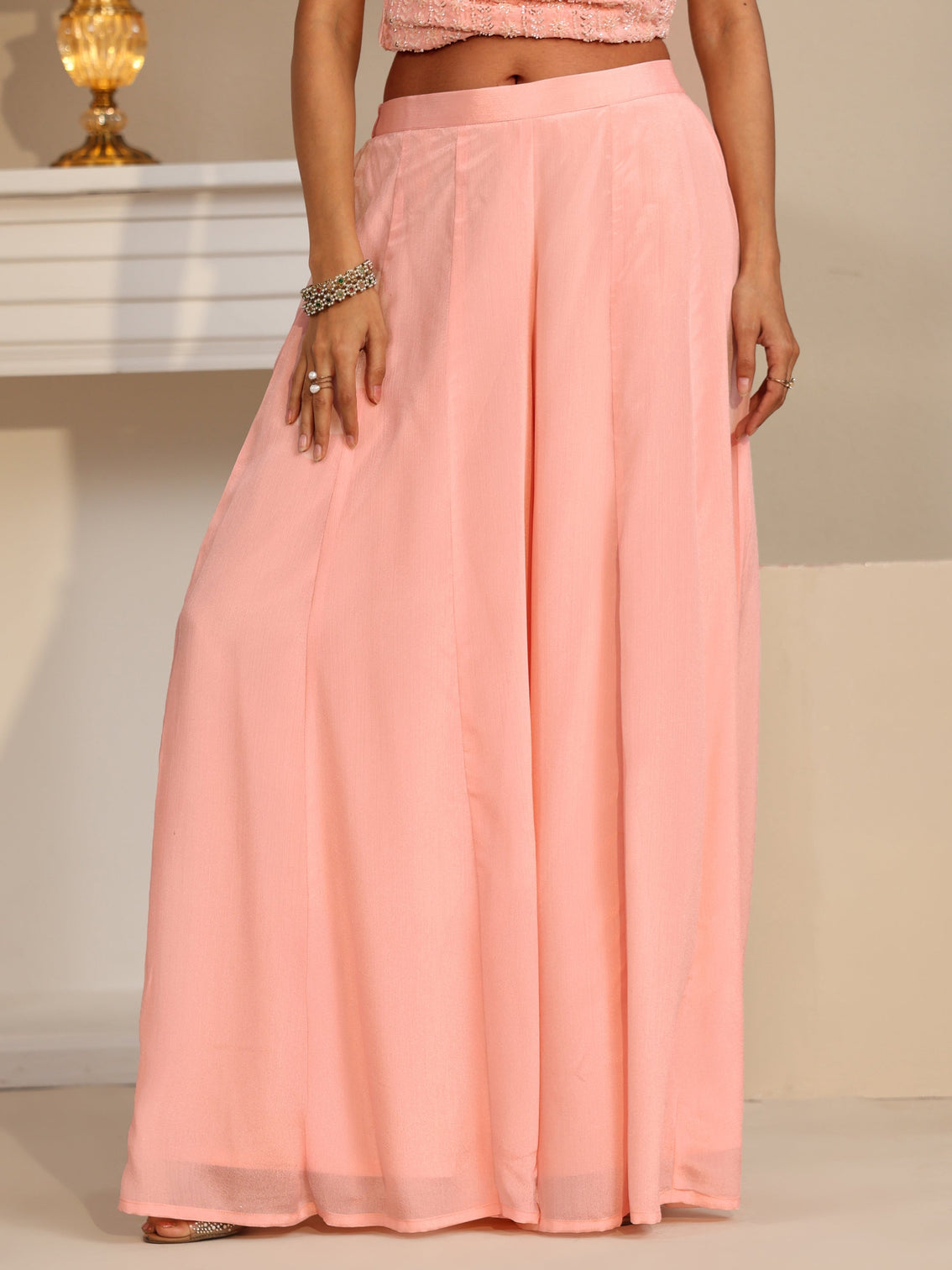 Mameraa Art Baby Pink Embellished Strappy Chinon Palazzo Suit Set
