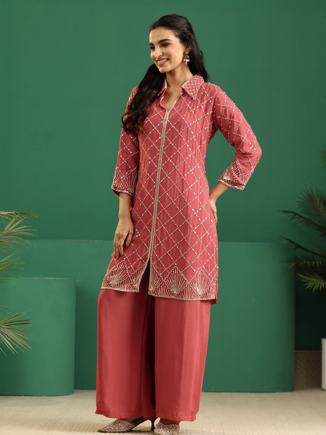 Mameraa Art Dusty Rose Pink Embellished Chinon Co-Ord Set