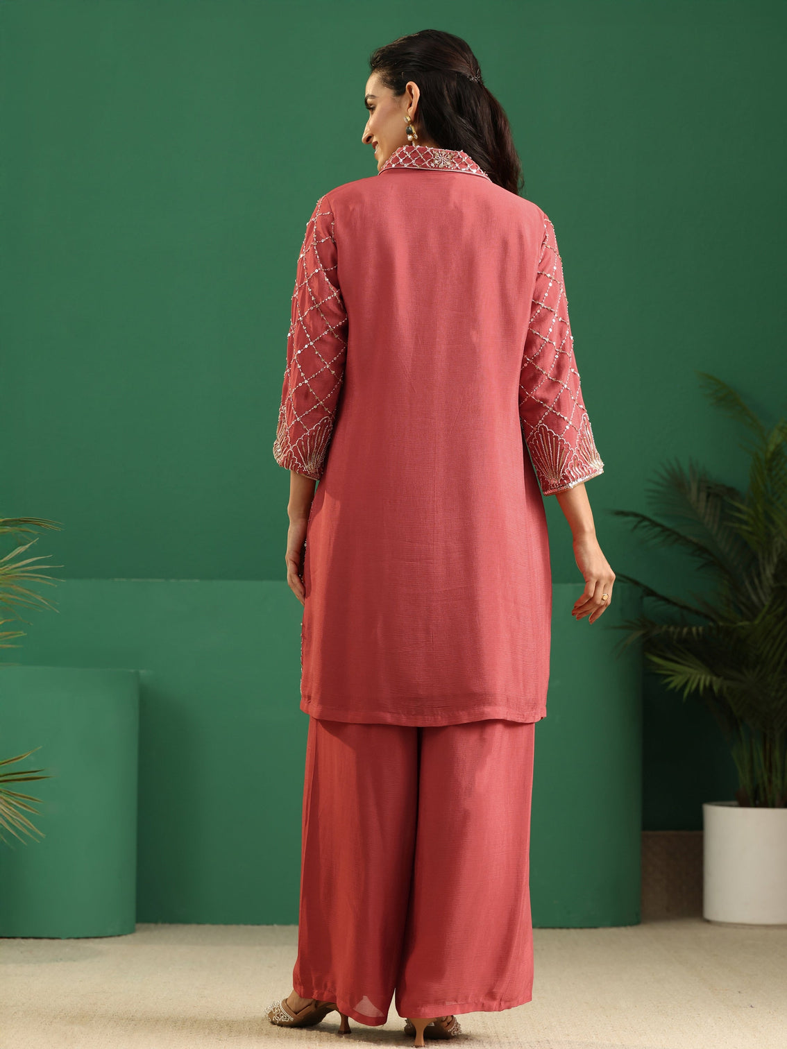 Mameraa Art Dusty Rose Pink Embellished Chinon Co-Ord Set