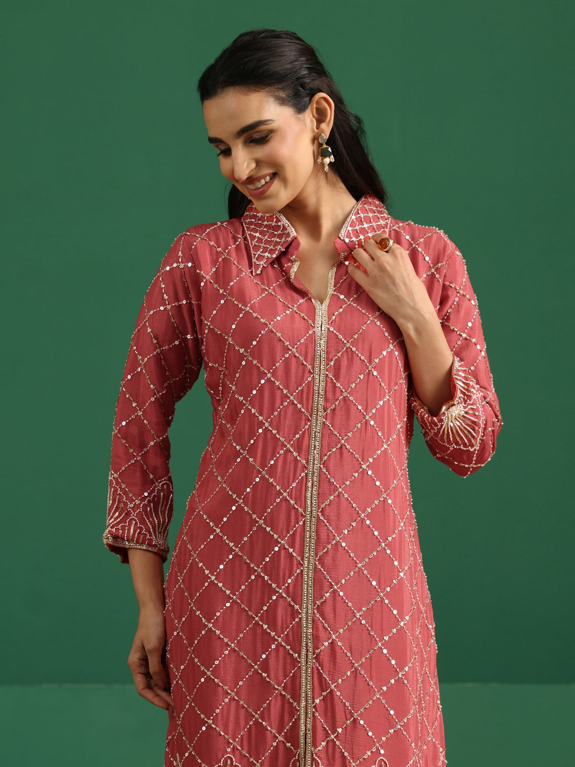 Mameraa Art Dusty Rose Pink Embellished Chinon Co-Ord Set