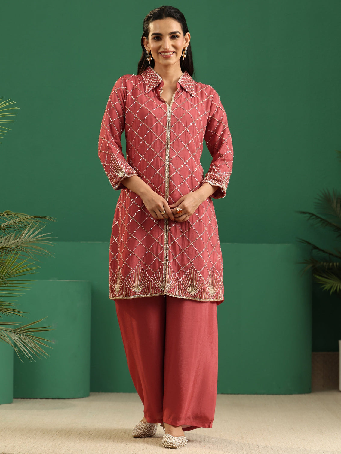 Mameraa Art Dusty Rose Pink Embellished Chinon Co-Ord Set