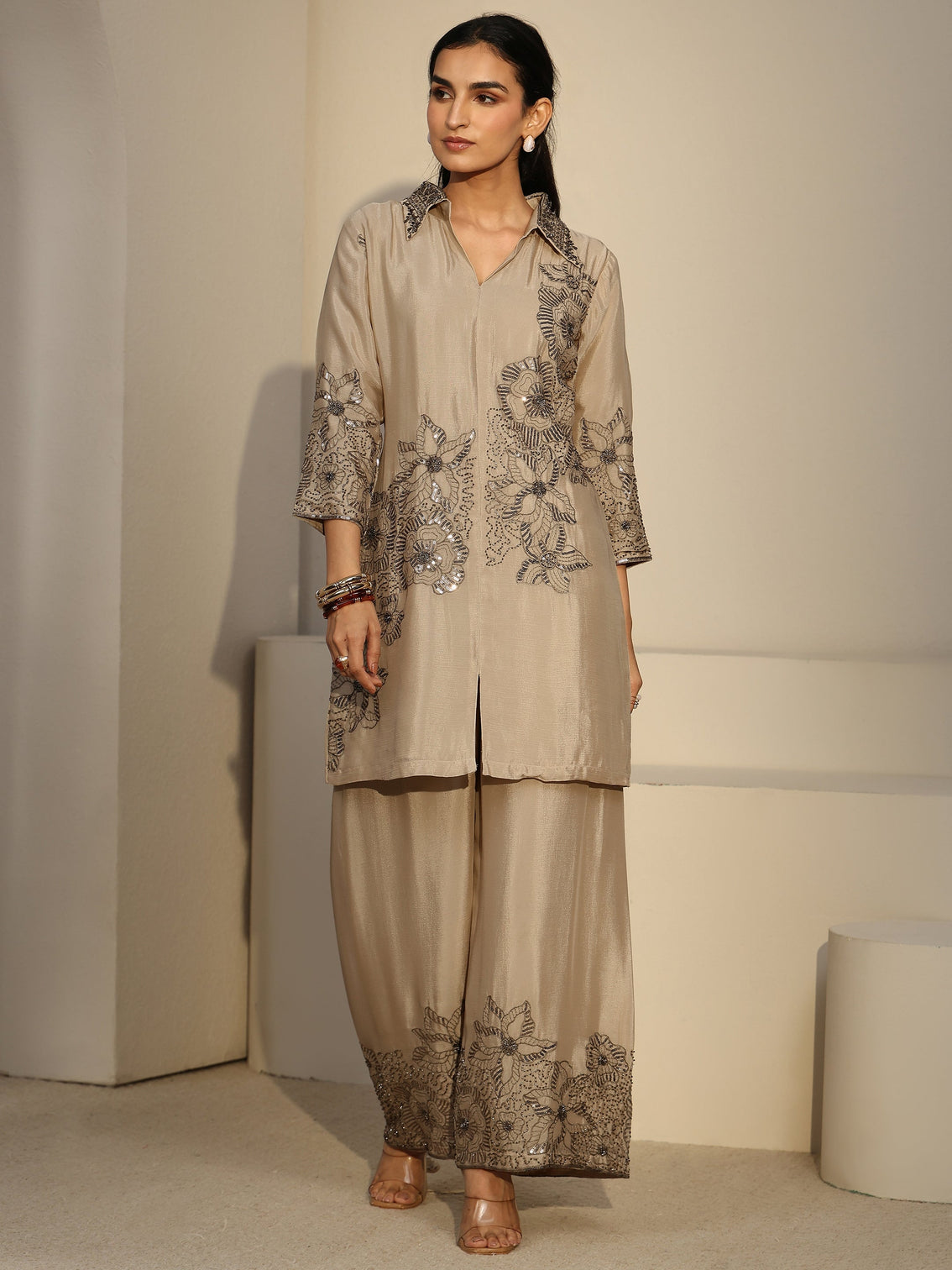 Mameraa Art Cream Floral Embellished Chinon Co-Ord Set