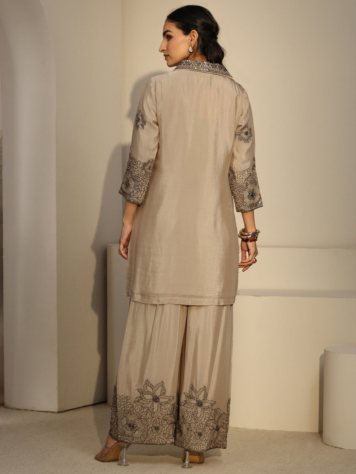 Mameraa Art Cream Floral Embellished Chinon Co-Ord Set