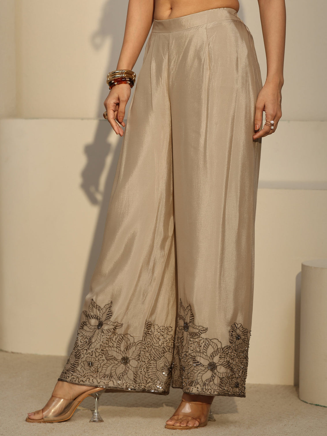 Mameraa Art Cream Floral Embellished Chinon Co-Ord Set