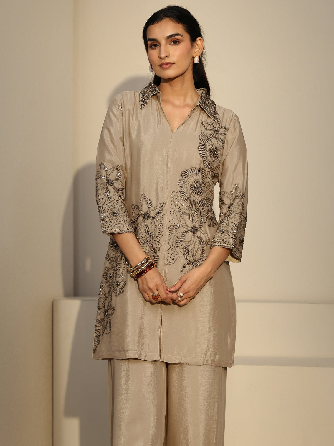 Mameraa Art Cream Floral Embellished Chinon Co-Ord Set