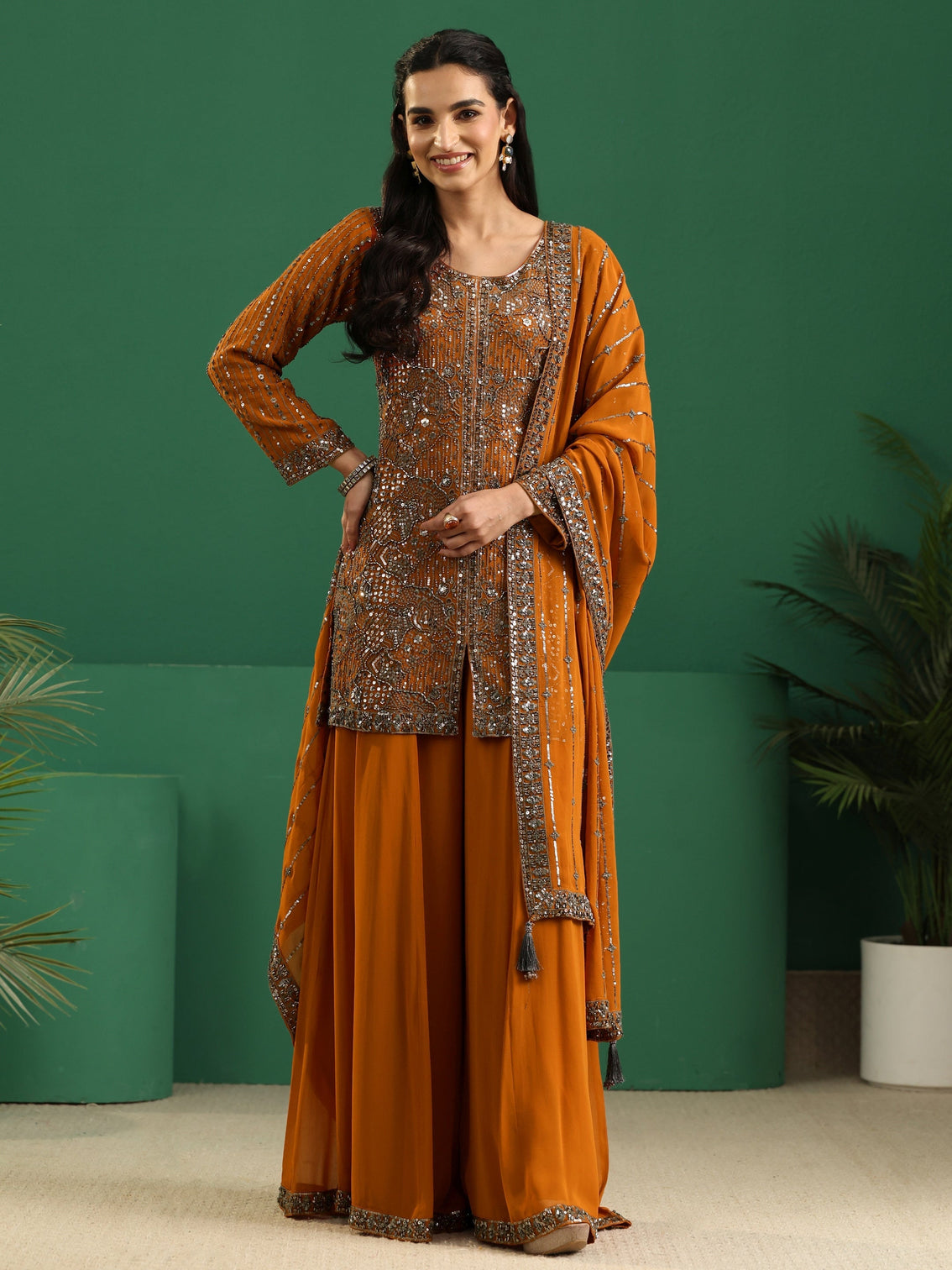 Mameraa Art Rust Brown Embellished Georgette Palazzo Suit Set