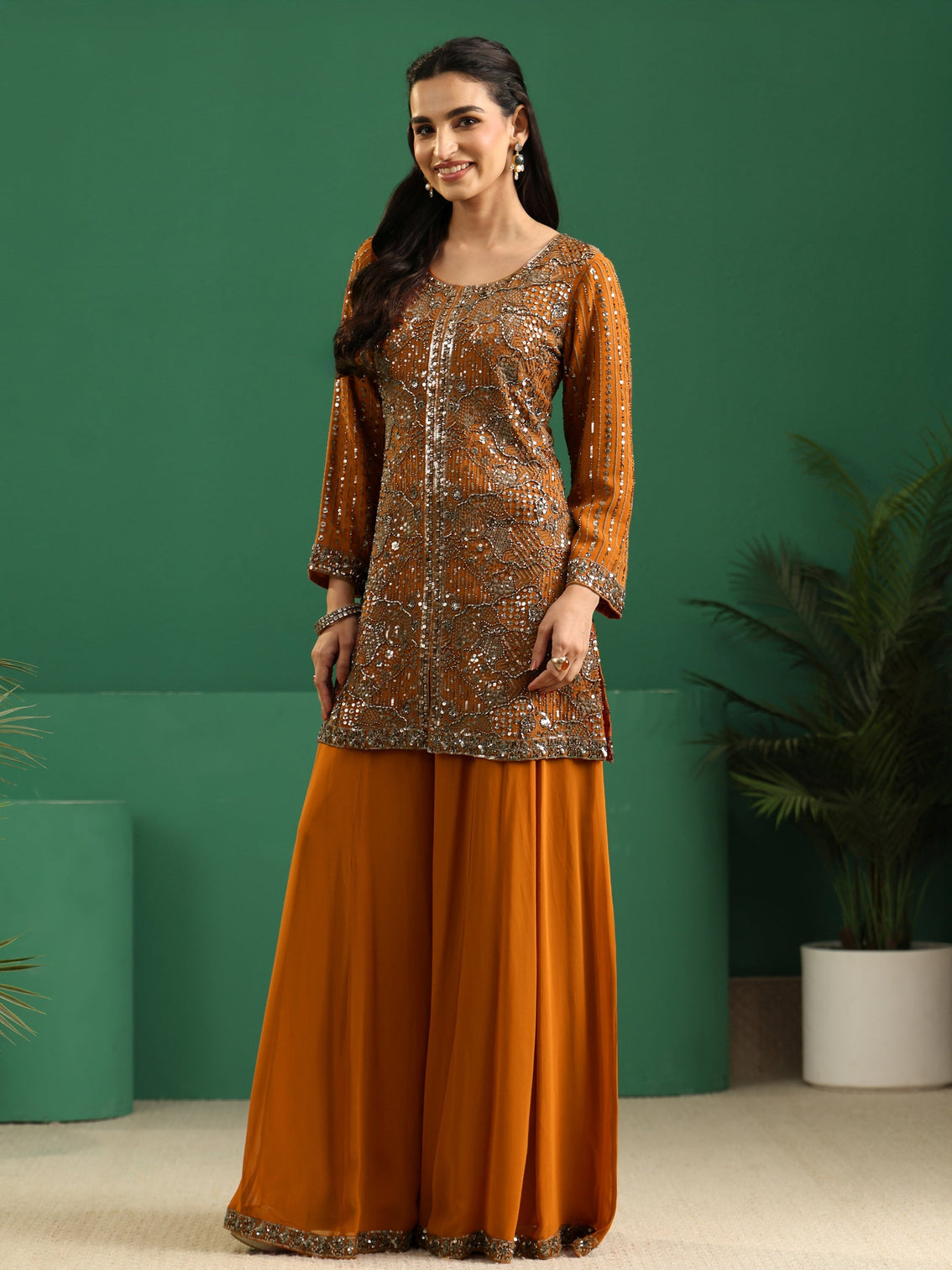 Mameraa Art Rust Brown Embellished Georgette Palazzo Suit Set