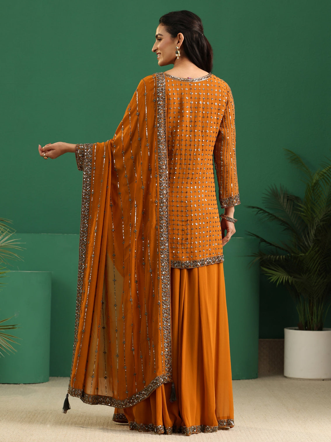 Mameraa Art Rust Brown Embellished Georgette Palazzo Suit Set