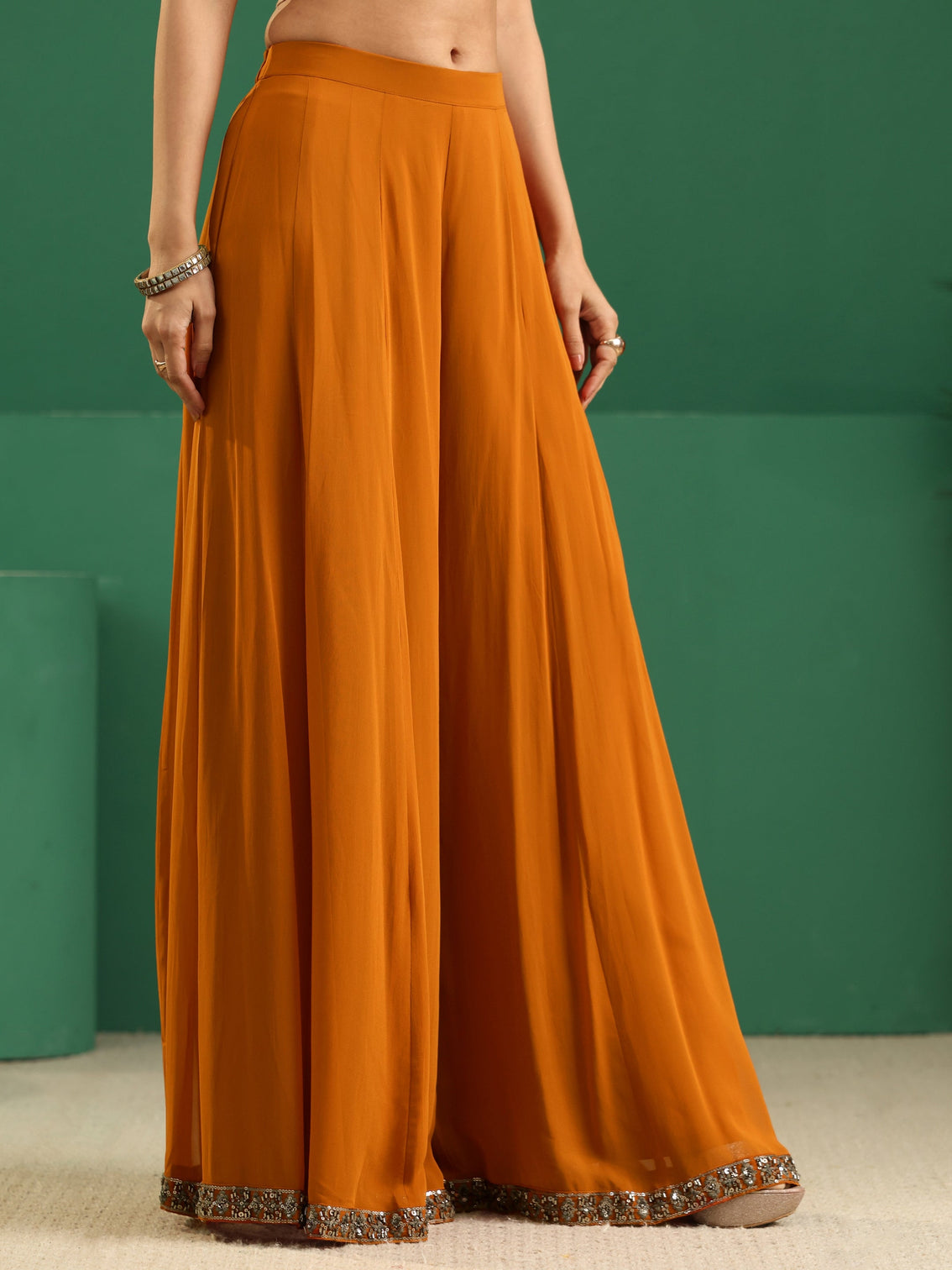 Mameraa Art Rust Brown Embellished Georgette Palazzo Suit Set