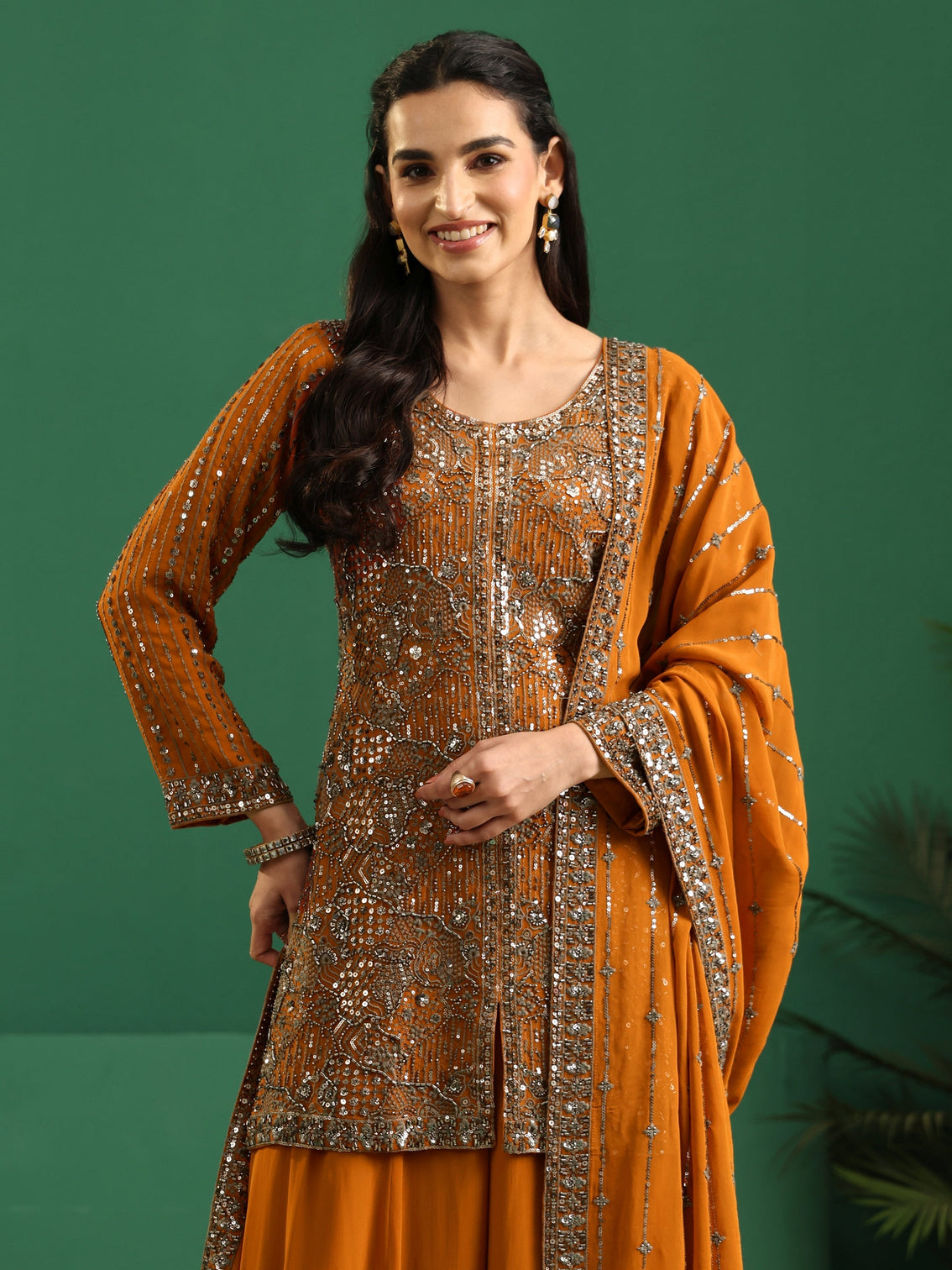 Mameraa Art Rust Brown Embellished Georgette Palazzo Suit Set